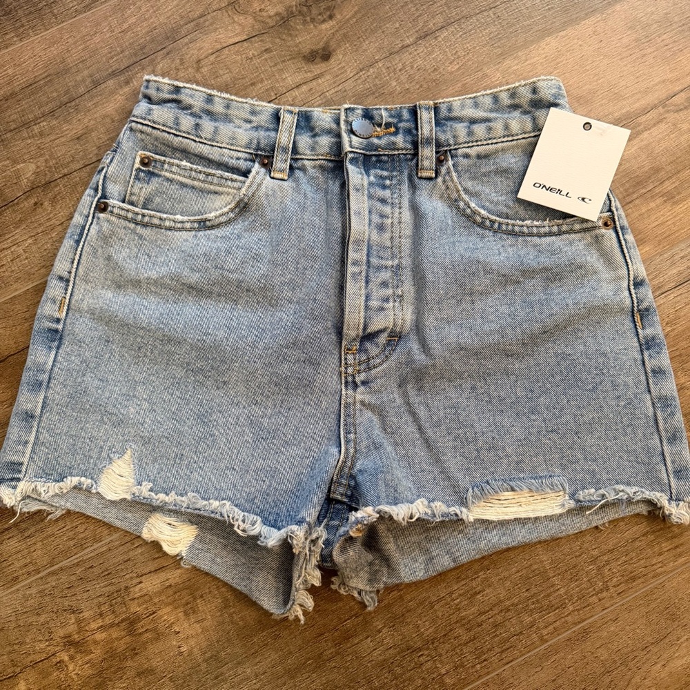 NWT O'Neill Women’s 25 Denim Blue Frayed Jean Shorts Lanisa Drifter High Waist